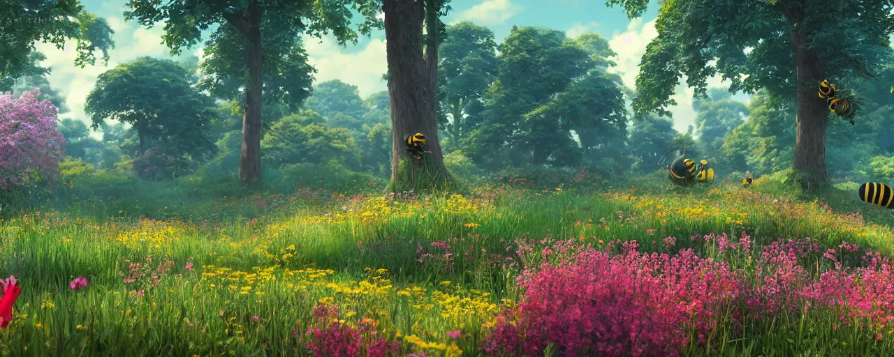 Image similar to a beautiful forest meadow landscape with large bee between flowers, crimson - black beehive, happy trees, photorealistic, octane render, rtx, hdr, unreal engine, digital art widescreen 8 k in the style of studio ghibli and bob ross and pixar and bee movie