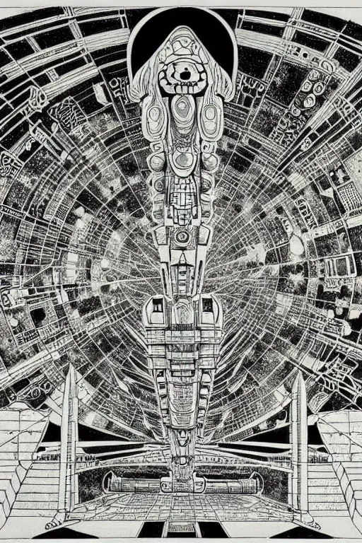 Image similar to a black and white drawing of an ancient future japanese temple international space station, bioluminescence, a detailed mixed media collage by eduardo paolozzi and ernst haeckel, intricate linework, sketchbook psychedelic doodle comic drawing, geometric, deconstructivism, matte drawing, academic art, constructivism