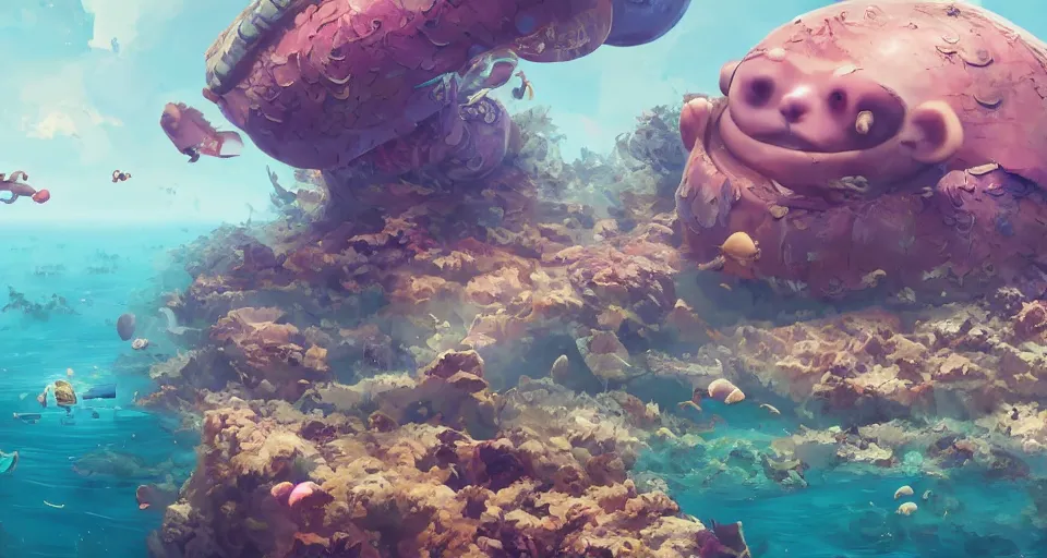 Image similar to hyper realistic cute guineapigs everywhere are swimming under vast sea, by simon stalenhag, yoko taro, christian macnevin, wlop and krenz cushart, epic fantasy character art, volumetric outdoor lighting, midday, high fantasy, cgsociety, cheerful colours, full length, exquisite detail, post - processing, masterpiece, cinematic, 4 k, 8 k