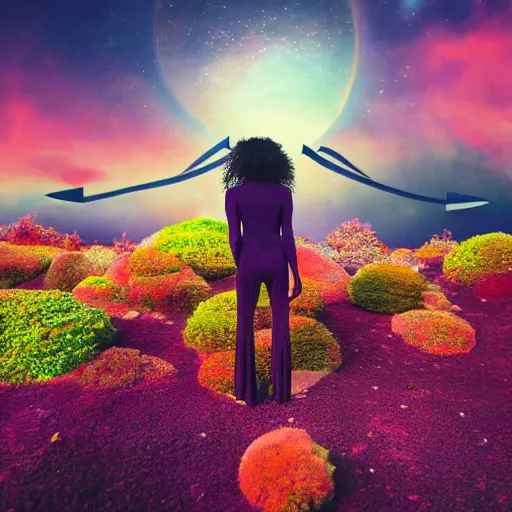 Image similar to A picture of a planet of various colors and plants, in which the human figure is dressed in something magical and impressive, inside the picture is infinity, sunset light, Atmospheric phenomenon, artistic photography, muted colors, conceptual