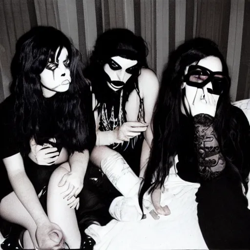 Image similar to sad goths hanging out in a hotel room, 1990s photograph