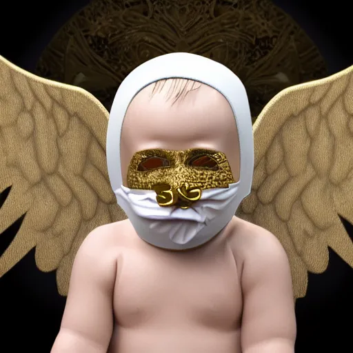 Prompt: a high tech 3 d rendering of a a baby cherub angel wearing a balaclava face mask, ski mask, face covered, covered face, fixed eyes, tattoos, multiple gold cuban chain necklace, graffiti in background octane render, blender