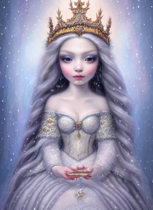 Image similar to highly detailed closeup portrait of a snow, ice princess wearing a crown and sitting on a throne, nicoletta ceccoli, mark ryden, lostfish, earl nore, global illumination, god rays, detailed and intricate environment