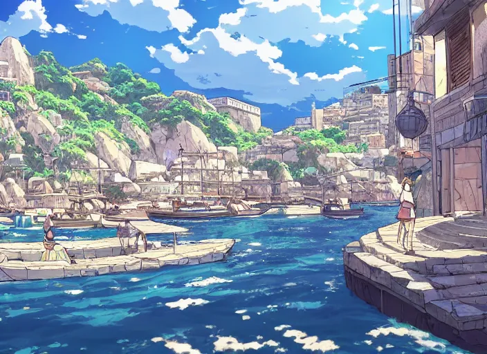 Image similar to An ancient greece harbor city, peaceful and serene, incredible perspective, soft lighting, anime scenery by Makoto Shinkai and studio ghibli, very detailed