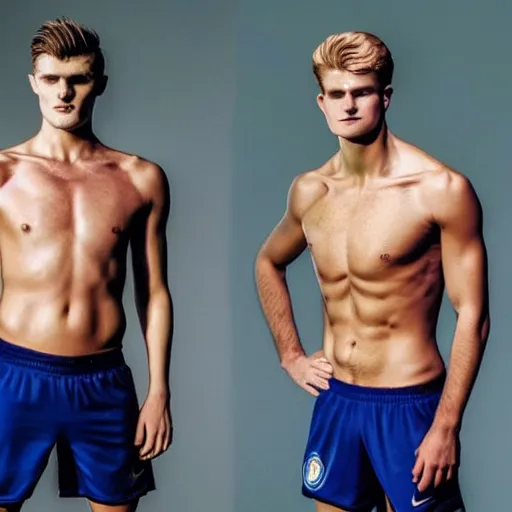 Image similar to a realistic detailed photo of a guy who is an attractive humanoid who is half robot and half humanoid, who is a male android, soccer players martin ødegaard & timo werner, shiny skin, posing like a statue, blank stare, in a factory, on display, showing off his muscles, gold soccer shorts, side view, looking at each other mindlessly