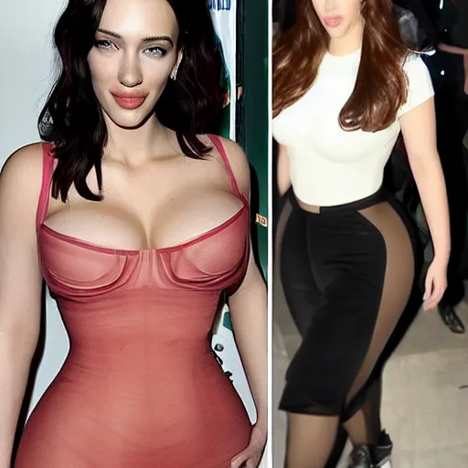 Image similar to a woman who is a genetic combination of kim kardashian and kat dennings and scarlett johansson and margot robbie and emma watson, face and upper - body focus