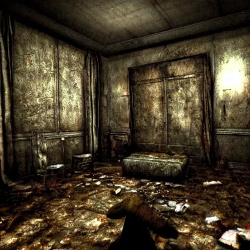 Image similar to room of a dark mansion, objects from ritual in the ground, realistic, highly detailed, background of silent hill game