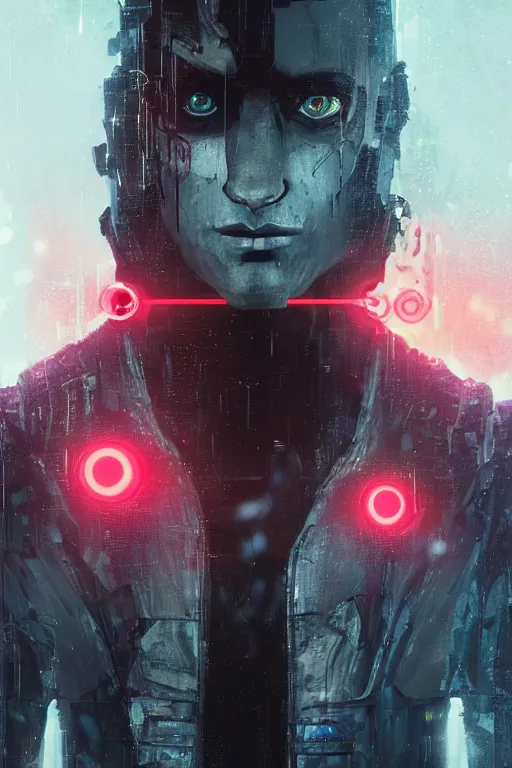 Image similar to head and shoulders render of man black_jacket close up cyberpunk face ((single_eye _glowing_red_eye red_emissives!)) android face mecha, inhuman creepy intimidating, exposed cables-bundle-black-thick Tom Bagshaw and Greg Rutkowski and Alphonse Mucha Bladerunner 2049 screenshot artstation UE5 Cyberpunk 2077 character trending 165mm