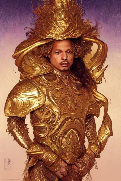 Image similar to eric andre in gold armor, gold hair, gold eyes, tanned skin, fantasy, intricate, highly detailed, digital painting, artstation, concept art, smooth, sharp focus, art by Artem Demura and Alphonse Mucha, ArtGerm, Valentina Remenar, Gaston Bussiere, Cedric Peyravernay