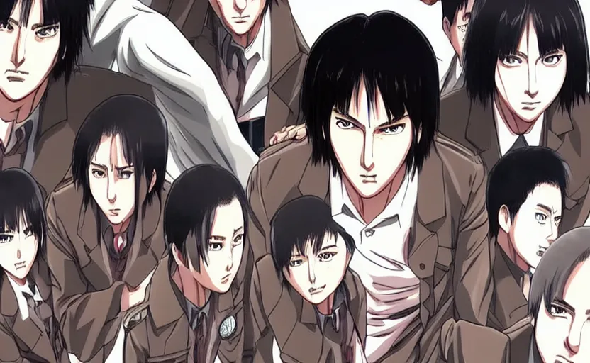 Prompt: a still Keanu Reeves in Attack on Titan, anime style,