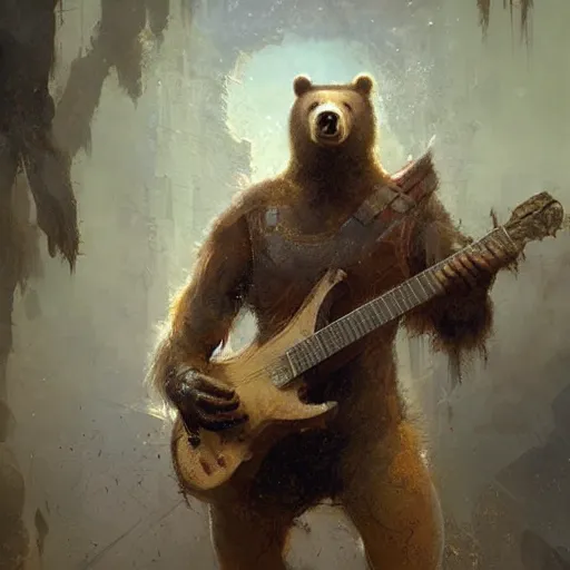 Image similar to realistic bear playing futuristic minimalistic primitive forms guitar, fantasy character portrait by Greg Rutkowski, Craig Mullins, Gaston Bussiere