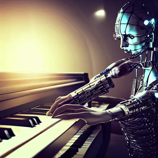 Image similar to a cyborg playing the piano in a futuristic apartment, award winning art, 4k, highly detailed, sharp focus, cinematic lighting, smooth