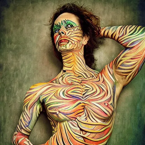 Image similar to stylized bodypaint by paul signac, photography. very detailed human form.