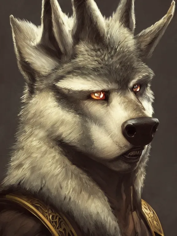 Image similar to 3/4 headshot of cute anthro wolf man, D&D, handsome, fantasy, intricate, long snout, donkey ears, fursona, black hair, elegant, highly detailed, digital painting, artstation, concept art, smooth, sharp focus, illustration, art by artgerm and greg rutkowski and alphonse mucha