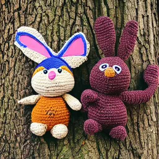 Prompt: a chocolate plush rabbit hand stitched with love and years of wear and tear now sat alone in thought wearing an old crochet karate uniform underneath a great twisted old oak tree with big soft rabbit ears, photography, photorealistic, national geographic, sesame street