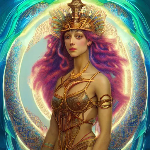 Image similar to artstation, intricate details, hyper details, by gaston bussiere and sandro botticelli, tan skin sumerian mystic lady of elche, egyptian sumerian features, techno mystic princess intergalactica, with aqua neon rapunzel dreadlocks,