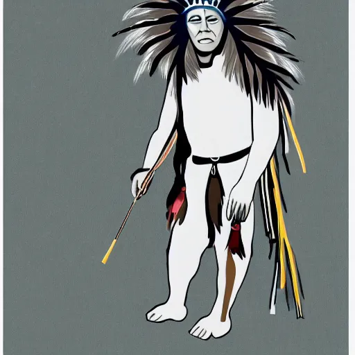 Prompt: 2 d painting of a native american walking to the right on a white studip background, png