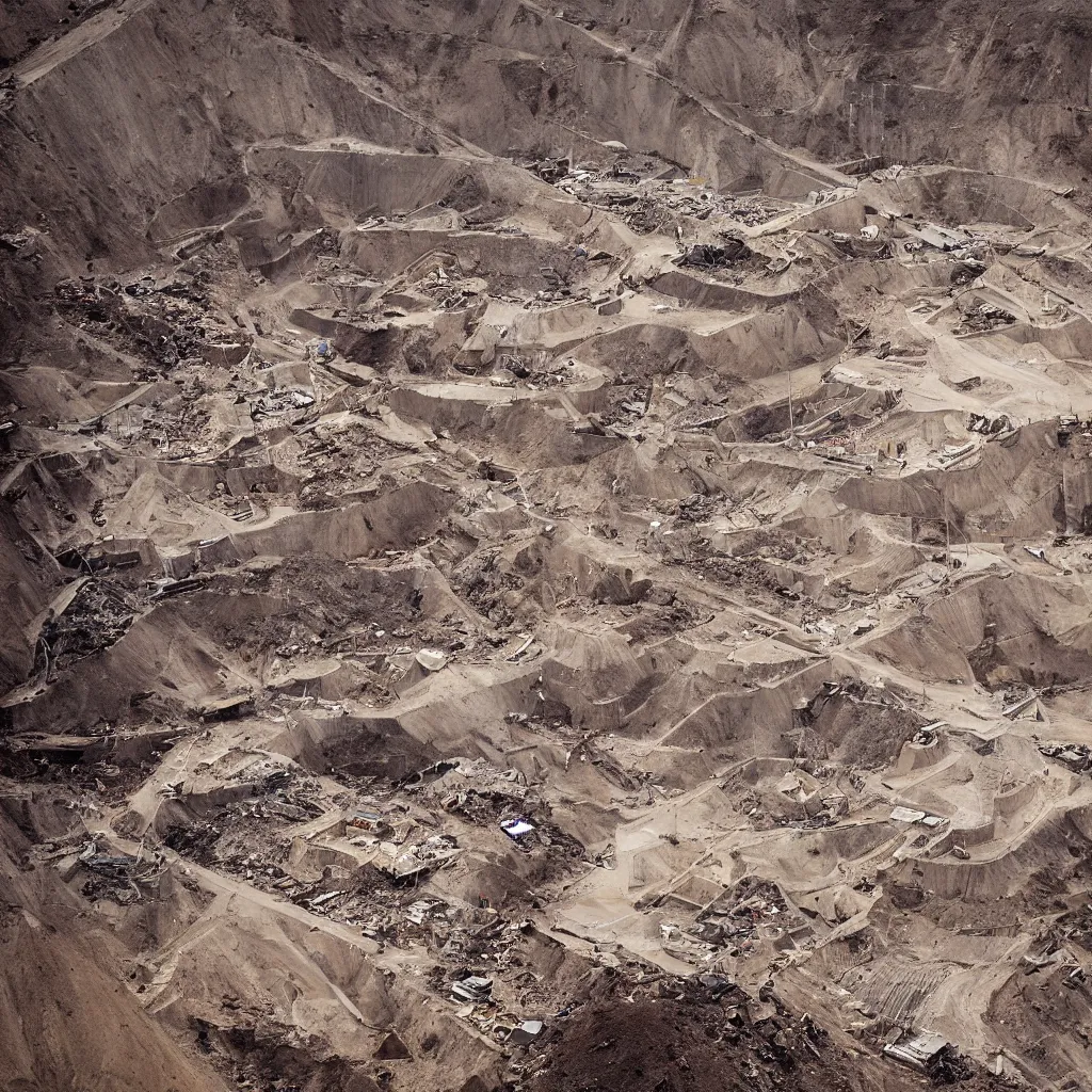 Image similar to mining tailings burying the city of chuquicamata by piranesi, composition, cinematic, rule, grid