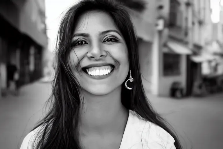 Image similar to still photo of a beautiful mexican woman smiling at the camera on the street, black and white color aesthetic, highly detailed, photorealistic portrait, bright studio setting, studio lighting, crisp quality and light reflections, unreal engine 5 quality render