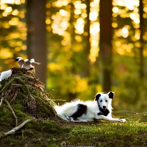 Prompt: a border collie protecting a fledgling in a nest in a forest, beautiful, golden hour, impressionist