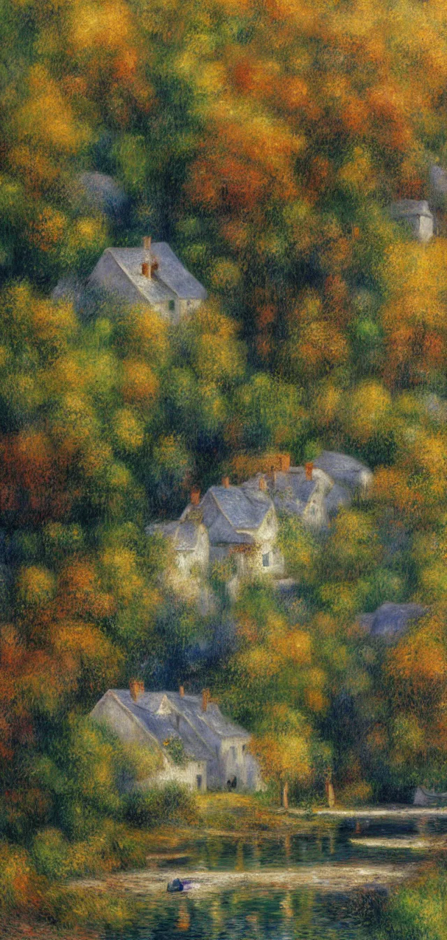 Prompt: a painting of a sparse village of sparse stone cottages underneath a dense forest, with a cascading river and pristine reflect. gorgeous, elegant, sophisticated, an ultrafine painting, intricate brused strokes, bright depth oil colors, by renoir and rembrandt style, mist diffuse promiseful illumination, autumn sunrise warm light, detailed and intricate environment of hope