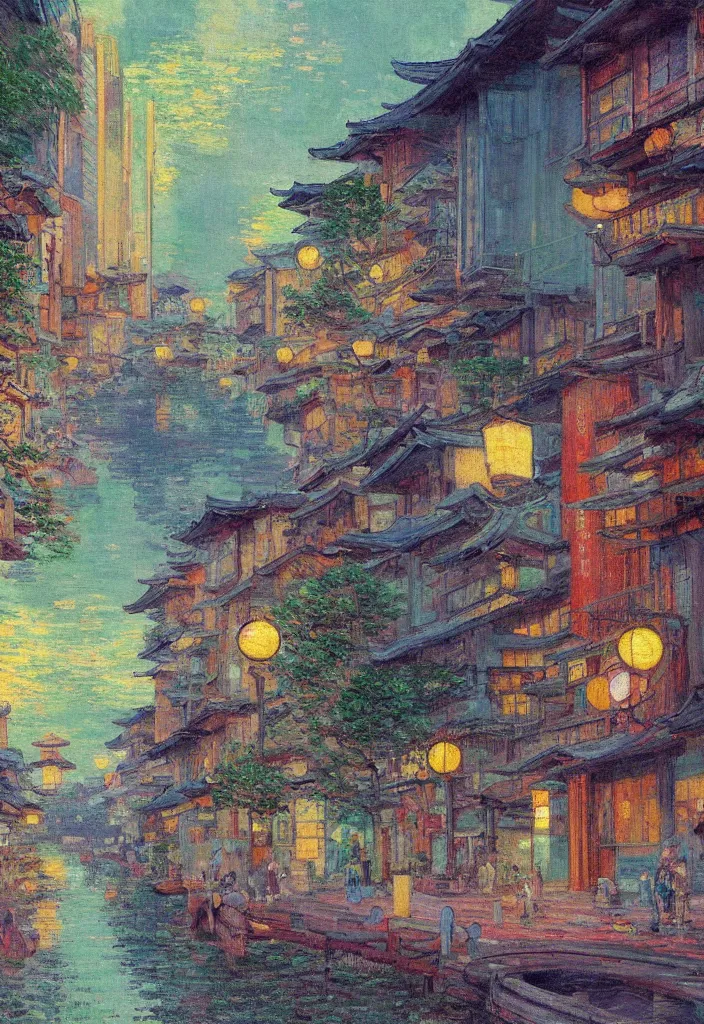 Image similar to a beautiful japanese city near the sea, amazing ryokans and gorgeous edo era houses, epic cyberpunk, lofi vibe, colorful, vivide colors, amazing light, really beautiful nature, oil painting in impressionist style, by jeremy lipkin, by claude monet, by makoto shinkai, multiple brush strokes, inspired by ghibli, masterpiece, beautiful