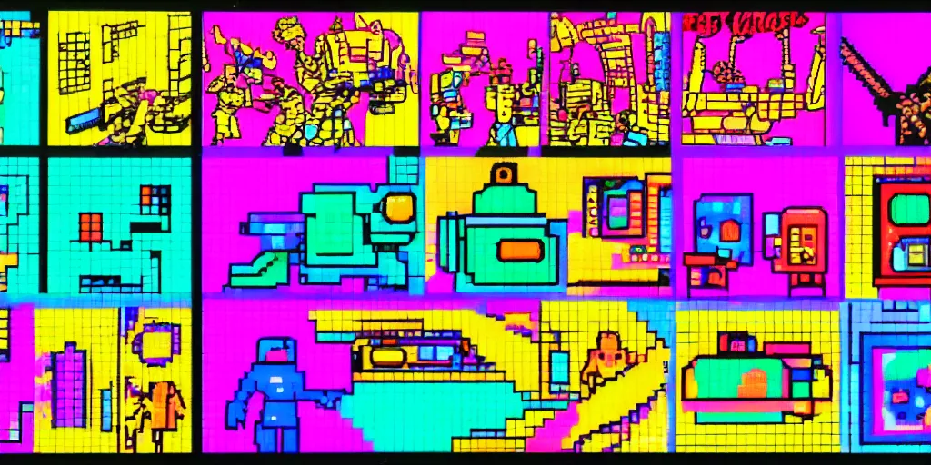Prompt: 1980s arcade game sprites neon colors