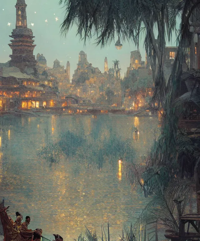 Image similar to a beautiful painting of the view from the river of the lantern festival in a an ancient egyptian city, at night with a sky full of stars, intricate, elegant, highly detailed, digital painting, artstation, concept art, by krenz cushart and artem demura and alphonse mucha