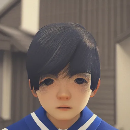 Image similar to boy wearing a japanese middle school uniform standing in front of his home in san fransokyo, close up portrait photo, hyper detailed, digital art, trending on artstation, cinematic lighting, studio quality, smooth render, unreal engine, octane render, photorealistic, atmospheric