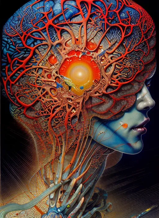 Prompt: detailed image of colorful brain by Ayami Kojima, Amano, Karol Bak, Greg Hildebrandt, and Mark Brooks, rich deep colors. Beksinski painting, part by Adrian Ghenie and Gerhard Richter. art by Takato Yamamoto. masterpiece . intricate artwork by Tooth Wu and wlop and beeple, greg rutkowski, very coherent symmetrical artwork, cinematic, hyper realism, high detail, octane render, unreal engine, 8k, Vibrant colors, Smooth gradients, High contrast, depth of field. by Katsuhiro Otomo, full body character drawing, inspired by Evangeleon, clean ink detailed line drawing, intricate detail, extremely detailed. painting by Arthur Rackham, Eugene de Blaas, Frederic Leighton