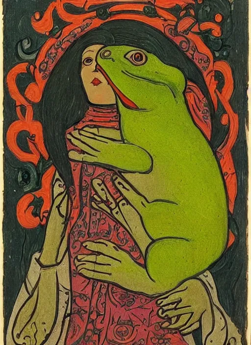 Image similar to portrait of a woman holding a frog ; pretty face ; scary slavic tale ; ivan bilibin style ; 8 k ; sharp focus