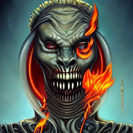 Prompt: giger doom demon portrait of satan, fire and flame, Pixar style, by Tristan Eaton Stanley Artgerm and Tom Bagshaw.