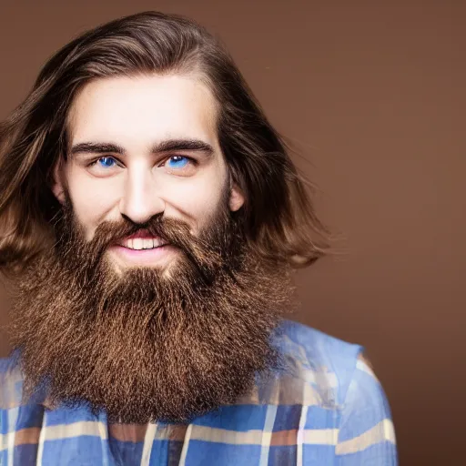 Prompt: caucasian face, long brown hair, bad skin, beard, skinny, blue eyes, smiling, ultrarealistic