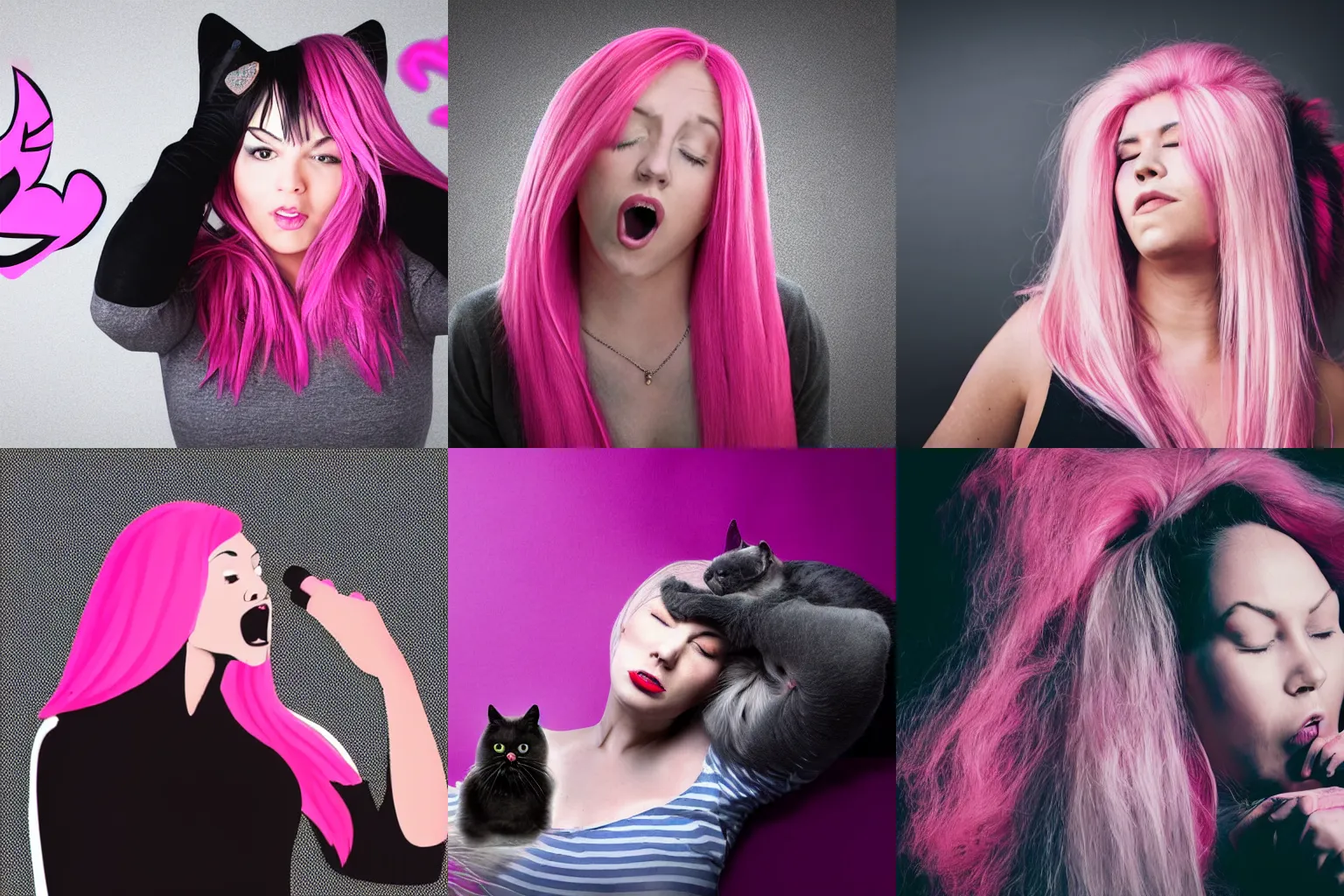 Prompt: woman with pink extensions singing powerfully with a dark grey cat sleeping in the background