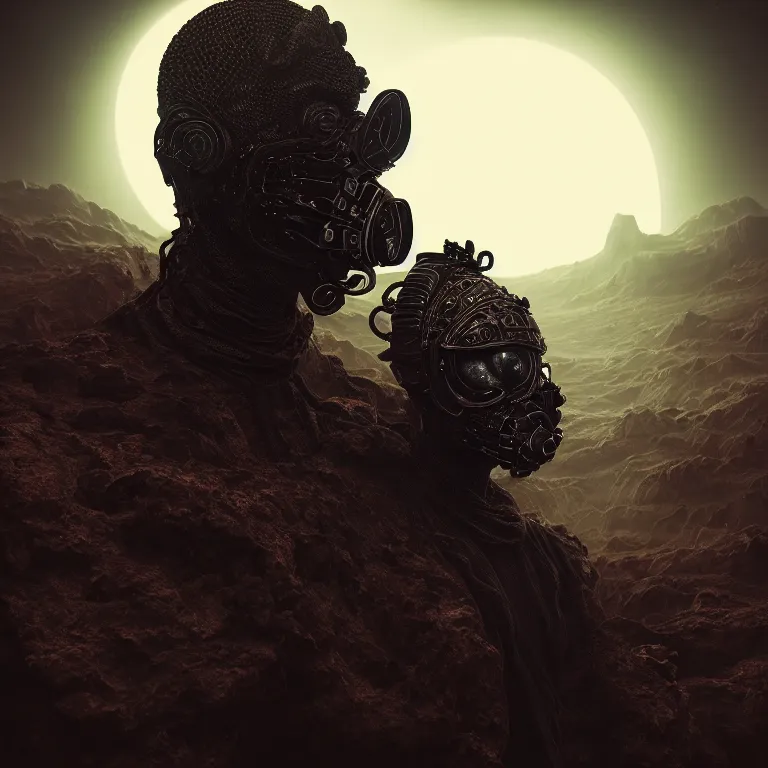 Image similar to portrait of beautiful man wearing black ribbed scorpio as mask, wastelands on exoplanet, baroque painting, beautiful intricate insanely detailed octane render, artstation, 8 k artistic harsh flash photography, photorealistic, volumetric perfect light, chiaroscuro, beeple, annie liebovitz, raphael, caravaggio, rutkowski