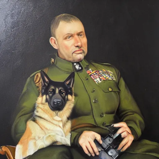 Image similar to a oil painting of a anthropomorphic german shepherd beast - man, wearing military outfit, sitting on an armchair