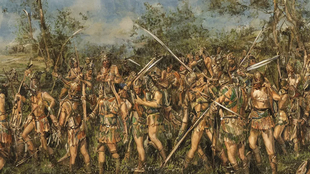 Image similar to celtic tribal soldiers with war paint and spears facing roman legionnaires with swords and spathas in wetland with few cypress trees far away, cinematic, waterpaint, late antiquity, battle, britannia