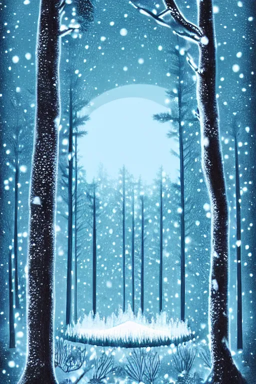 Prompt: beautiful dark evil forest at night with very tall pine trees and snow, with a large magic portal in the center. Digital Matte Illustration by Lisa Frank