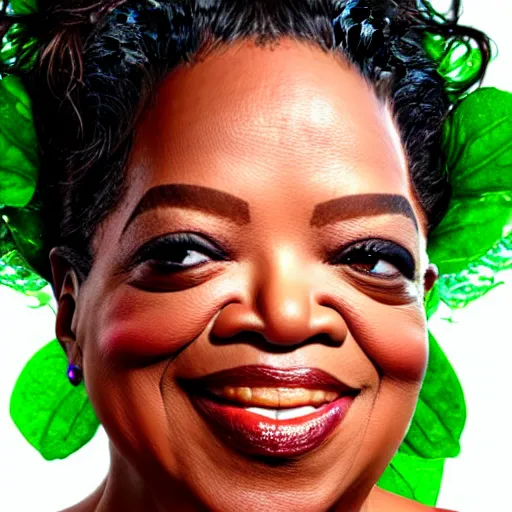 Image similar to a dish of oprah winfreys face fused with okra veg with green stalky ( ( green oprah winfrey's face ) ), oprah okra winfrey sentient veg