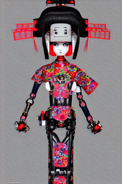 Prompt: full body portrait of a japanese robot geisha with kanji tattoos and decals wearing a digital pixelated kimono, intricate design, photorealistic, octane render, raytraced, ultra fine detailed, character design, trending on artstation