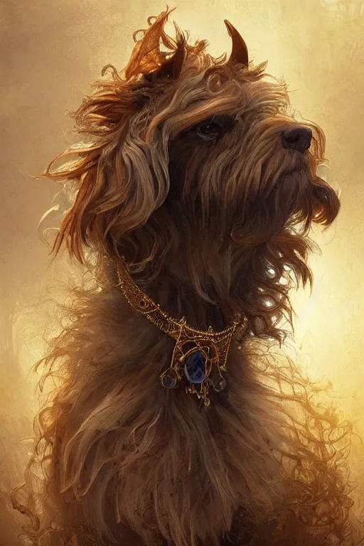 Prompt: a beautiful shaggy dog, gold jewellery, dnd, fantasy, intricate, elegant, highly detailed, digital painting, artstation, concept art, smooth, sharp focus, illustration, art by artgerm and greg rutkowski and alphonse mucha