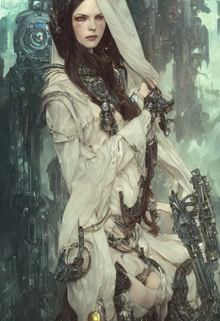 Image similar to portrait of beautiful pale gothic maiden, warhammer 40000, cyberpunk, intricate, elegant, highly detailed, digital painting, artstation, concept art, smooth, sharp focus, illustration, art by artgerm and greg rutkowski and alphonse mucha and Gustav Klimt