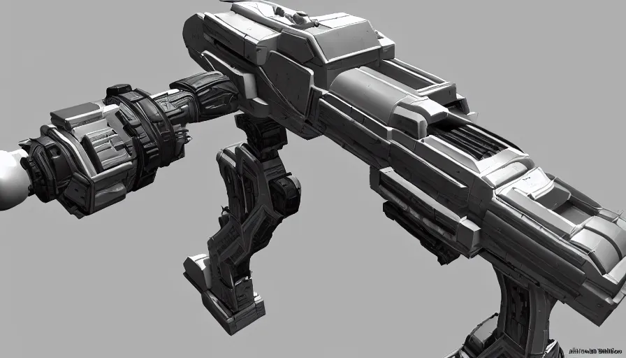 Prompt: extremely detailed realistic side view of a sci fi laser gatling gun, detailed trigger, chemically propelled, massive battery, smooth streamline, battery and wires, railgun, vulkan l, gauss, elegant sleek smooth body, white paint, smooth utopian design, ultra high quality, minimalist, octane, cod, destiny, warframe, terminator