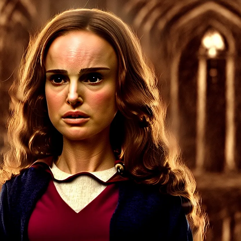 Prompt: natalie portman as hermione granger, ultra realistic, harry potter movie screenshot, cinematic, beautiful, sense of awe