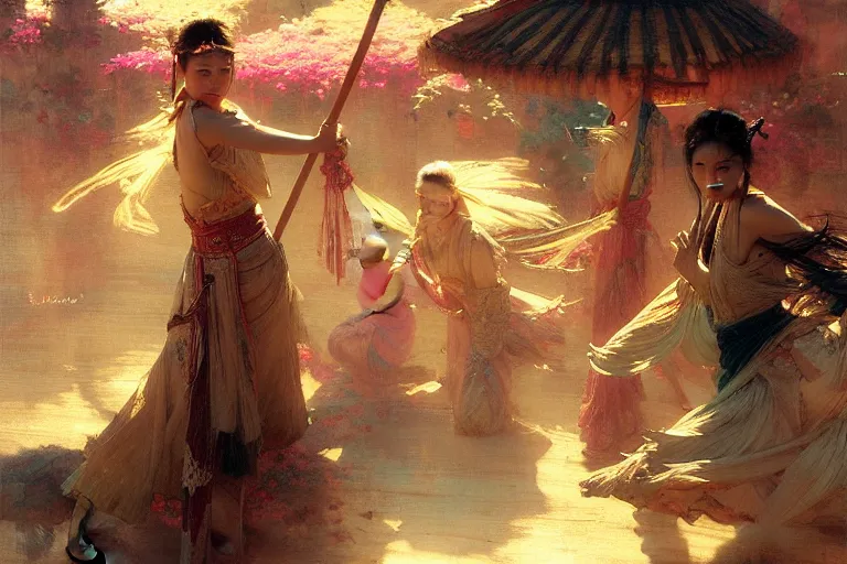 Image similar to wuxia, spring, neon light, painting by gaston bussiere, craig mullins, j. c. leyendecker