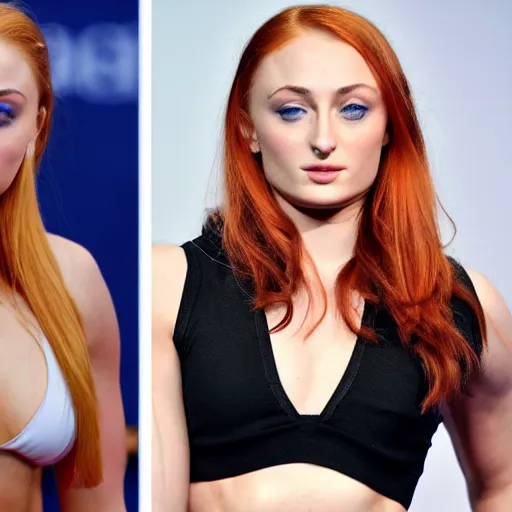 Image similar to muscular sophie turner showing her abs, glisten, high resolution, hard light, cnn, afp, reuters