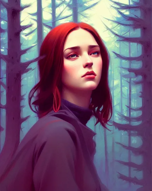 Image similar to stylized portrait of an artistic pose, composition, young lady sorrounded by fall nature, dense forest, moody cinematic colors one single head, realistic shaded, fine details, realistic shaded lighting poster by ilya kuvshinov, magali villeneuve, artgerm, jeremy lipkin and michael garmash and rob rey