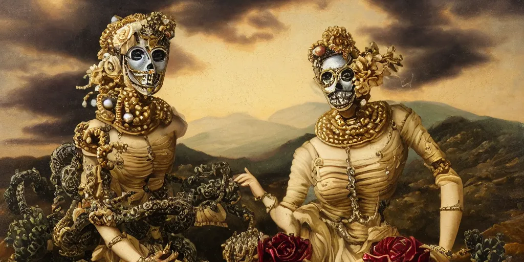 Prompt: antique oil painting of a woman with metalic gold skeleton mask, wearing white and black virgin attire wearing an aureola made of gold, cactus and pearls over the head, holding a rose in a hand, with warm sunset backlight reflecting on a whirlpool of clouds forming acircular background. sunset light. beneath there's a barren land with serpents.