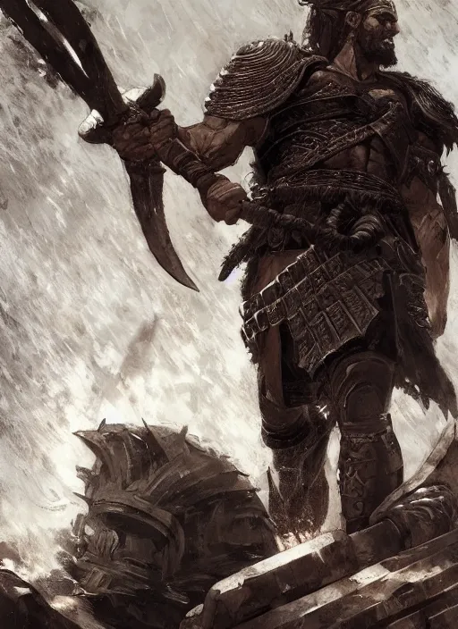 Image similar to ancient historically accurate depiction of the Bible Character Goliath of Gath, the Philistine warrior giant in ancient persian chainmail armor, dramatic lighting art by Yoji Shinkawa by Richard Schmid by greg rutkowski by Sandra Chevrier by Jeremy Lipking cinematic dramatic