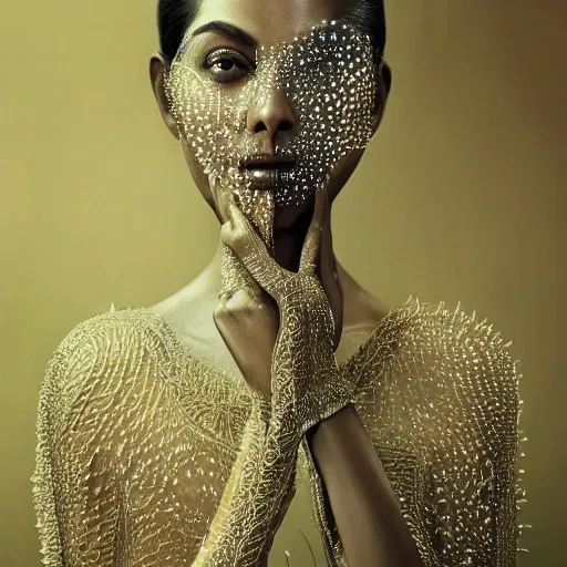 Image similar to full shot of a regal brown - skinned south asian woman wearing an intricate and detailed armor made of dew drops. dew drops around eyes. refracted light. morning dew. delicate. translucent. haunting eyes. vulnerable. fragile. ethereal. refracted light. by ray caesar. by louise dahl - wolfe. surreal photography.